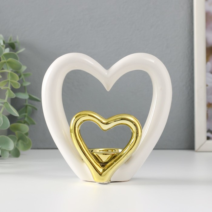Подсвечник керамика на 1 свечу Сердце в сердце белое с золотом 12,7х5,5х12,2 см