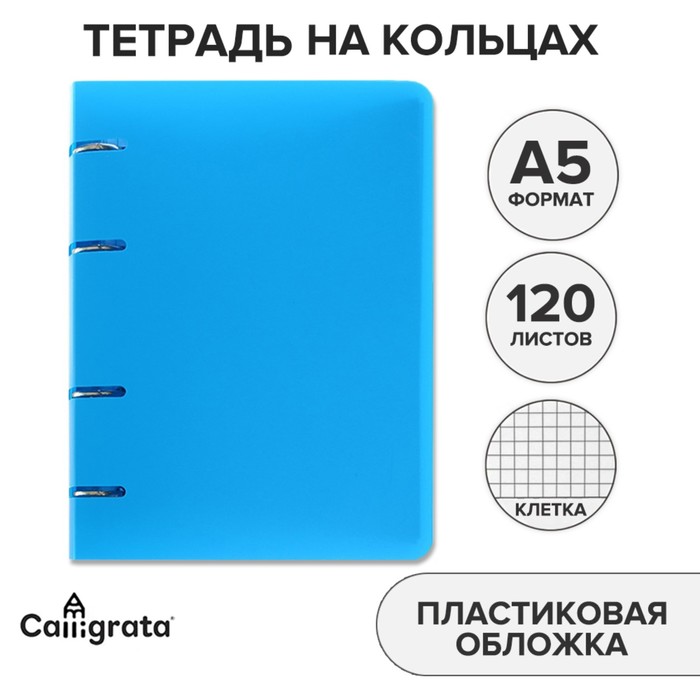 

Тетрадь на кольцах A5 120 листов в клетку Calligrata Голубая, пластиковая обложка, блок офсет