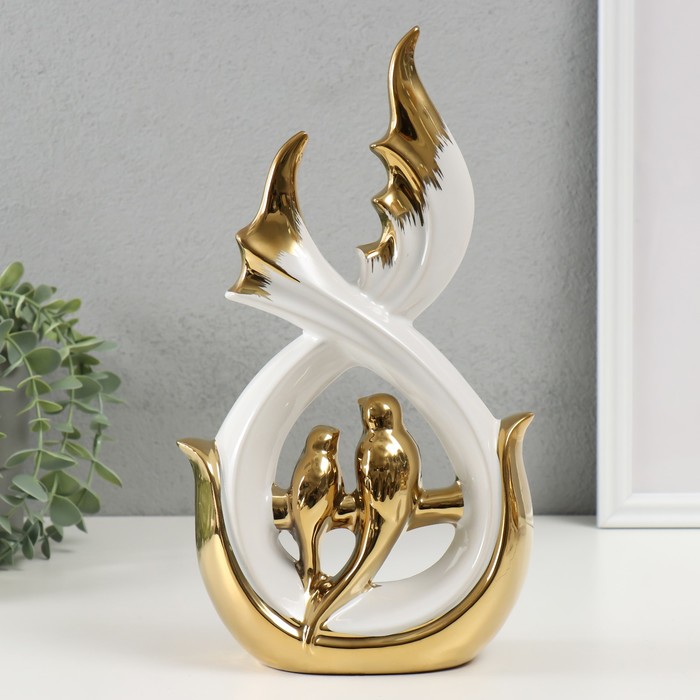 Сувенир керамика Две птички на ветке белый с золотом 7х15,5х29,5 см