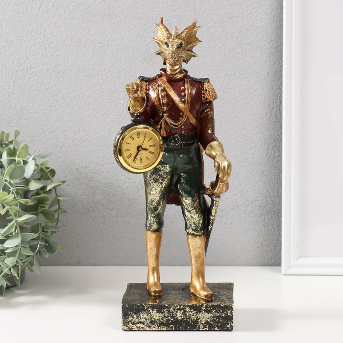 Сувенир полистоун с часами Золотистый дракон в камзоле, со шпагой 12х9х32 см