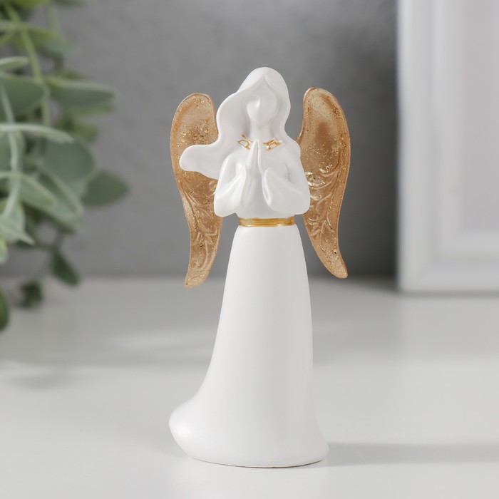 цена Сувенир полистоун Ангел-дева в молитве белый с золотом 8,5х4,2х2,5 см