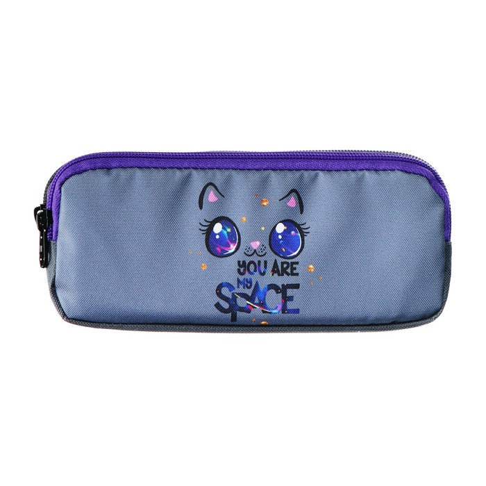 Пенал мягкий 2 отделения объёмный 90 х 220 х 40 мм Stavia Кошка космос серый 86202 599₽