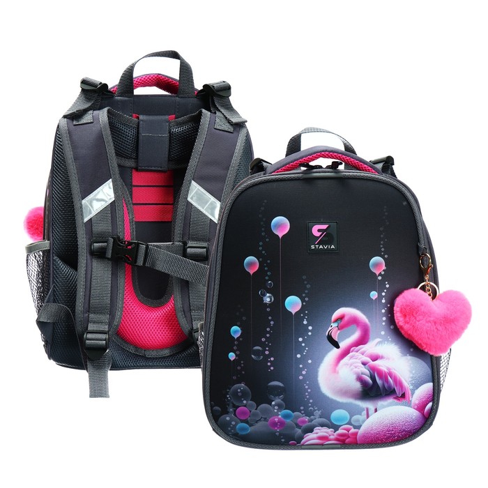 Рюкзак каркасный школьный 38 х 30 х 16 см, эргономичная спинка, Stavia Фламинго, серый/розовый