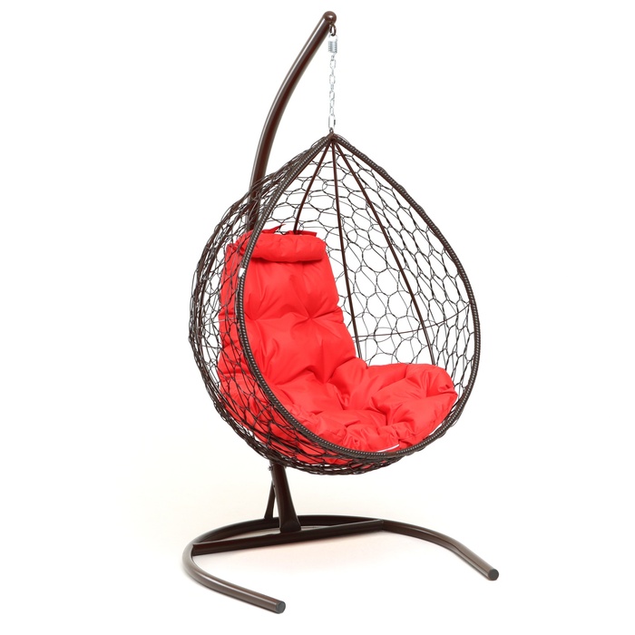 цена Подвесное кресло КОКОН «Капля» красная подушка, стойка, коричневое