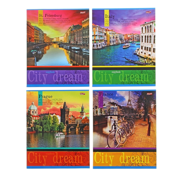 Тетрадь 40 листов клетка "Города-4", обложка картон хромэрзац, 4 вида МИКС