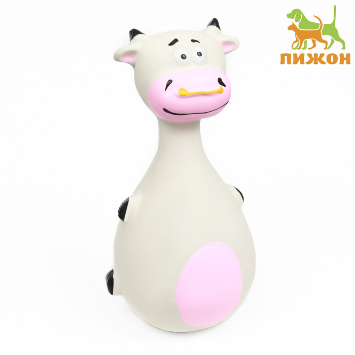 Игрушка пищащая для собак Корова-кегля, 14 см, белая/розовая