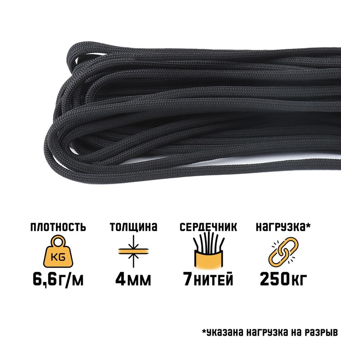 

Паракорд для выживания 550, с леской, фитилем, черный, d - 4 мм, 10 м