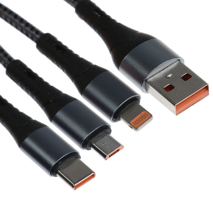 

Кабель 3 в 1, MicroUSB/Type-C/Lightning - USB, 3 А, 1.25 метра, серый