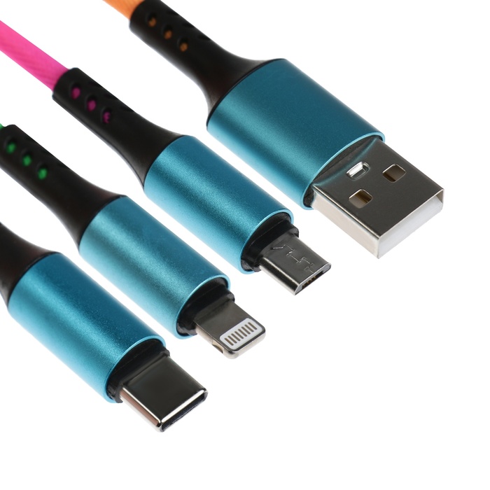 

Кабель брелок 3 в 1, MicroUSB/Type-C/Lightning - USB, 2.4 А, разноцветный
