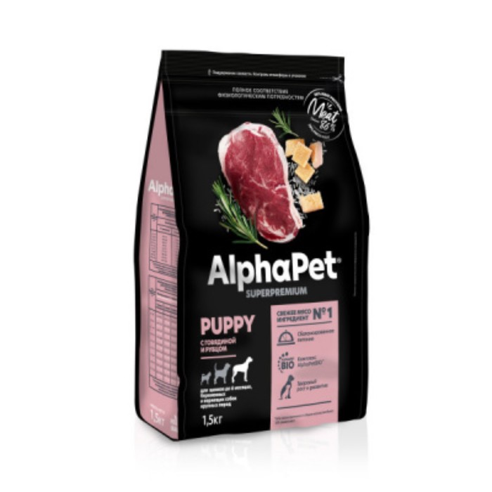 

Сухой корм AlphaPet Superpremium для щенков и собак крупных пород, говядина/рубец, 1,5 кг
