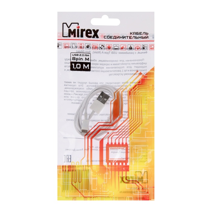 

Кабель Mirex, Lightning - USB, 1А, 1 метр, в пакете, белый