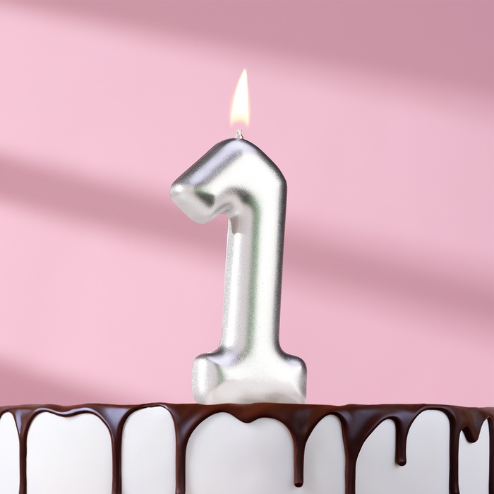 Свеча в торт Европейская, цифра 1, 6 см, серебро