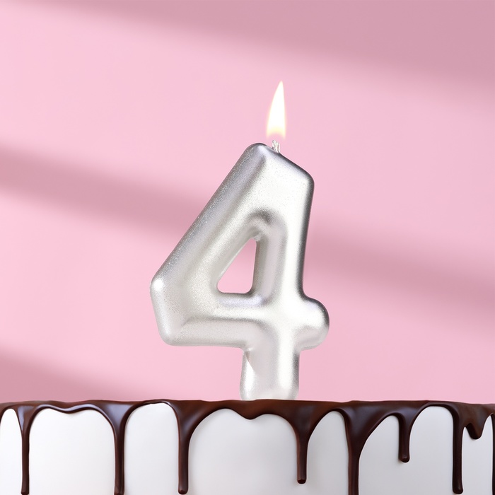 Свеча в торт Европейская, цифра 4, 6 см, серебро