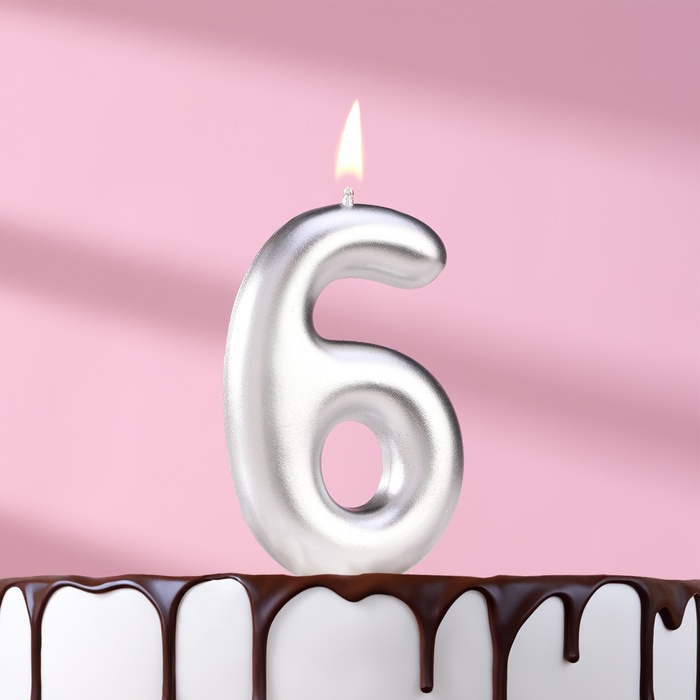 Свеча в торт Европейская, цифра 6, 6 см, серебро свеча в торт цифра 6 звёздочки