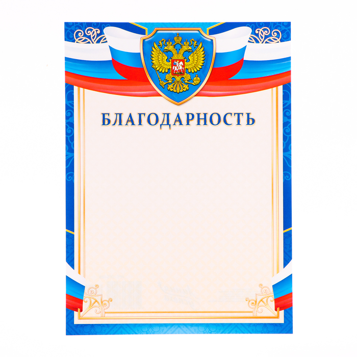 Благодарность Символика РФ синяя рамка, бумага, А4