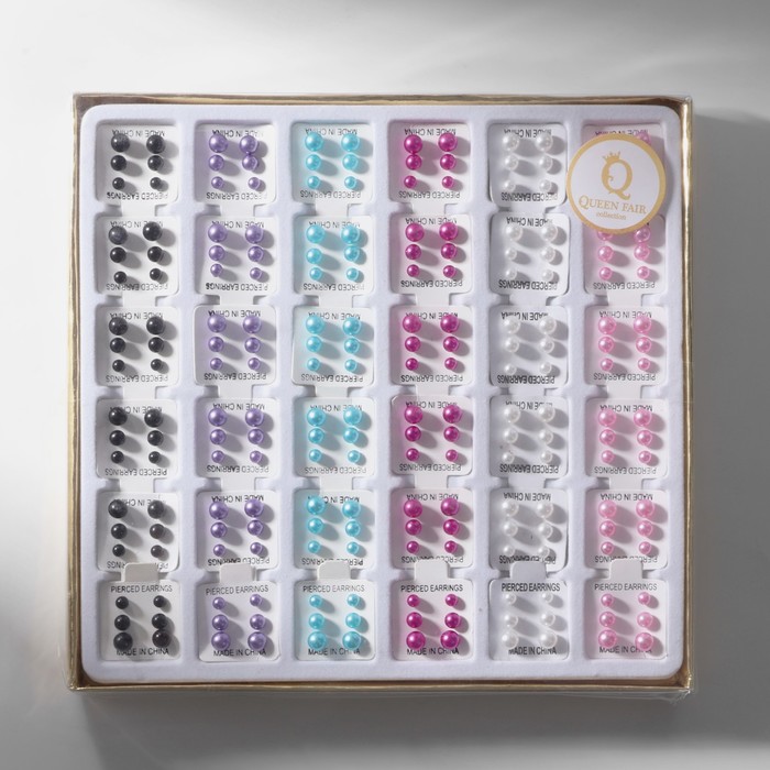 Пусеты в коробке 108 пар «Жемчужинки», 4, 5, 6 мм, цветные в серебре