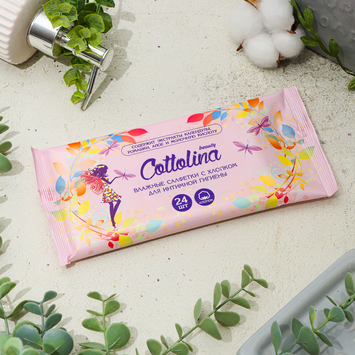 

Влажные салфетки Cottolina для интимной гигиены, с хлопком, 24 шт.