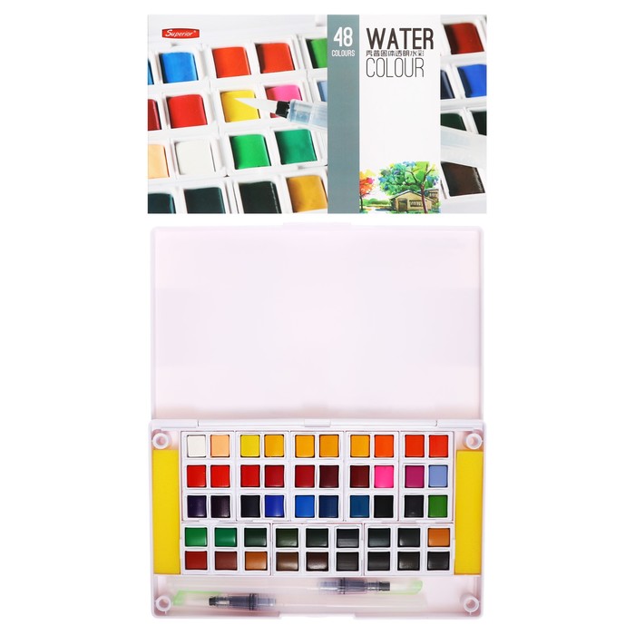 Краски акварельные, + 2 штуки кисти, в пластиковой коробке, 48 цветов краски акварельные 48 цветов 2 штуки кисти в пластиковой коробке s 48