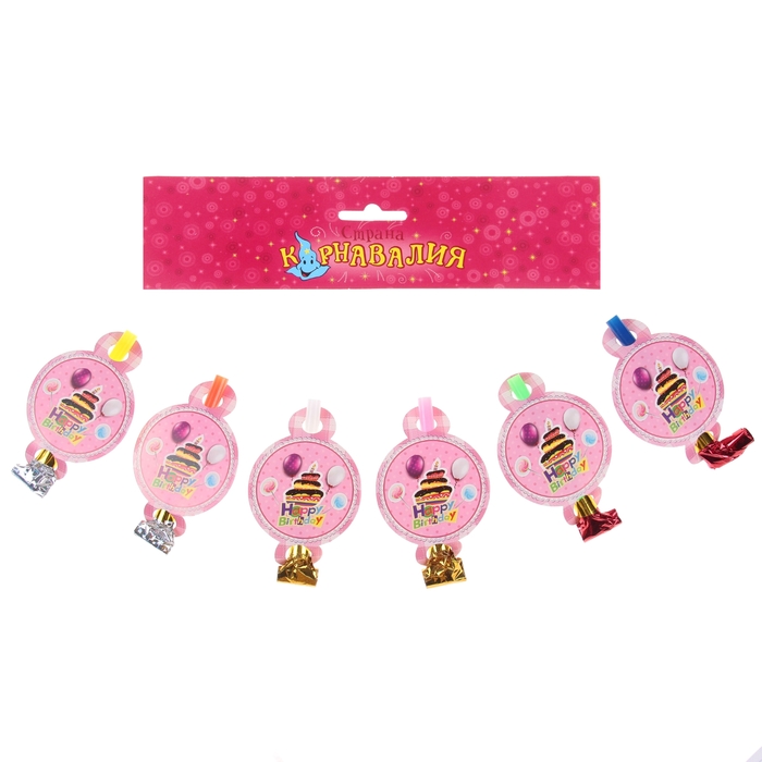 Язычок- кругляш "С Днем Рождения" праздничный торт, (набор 6 шт)