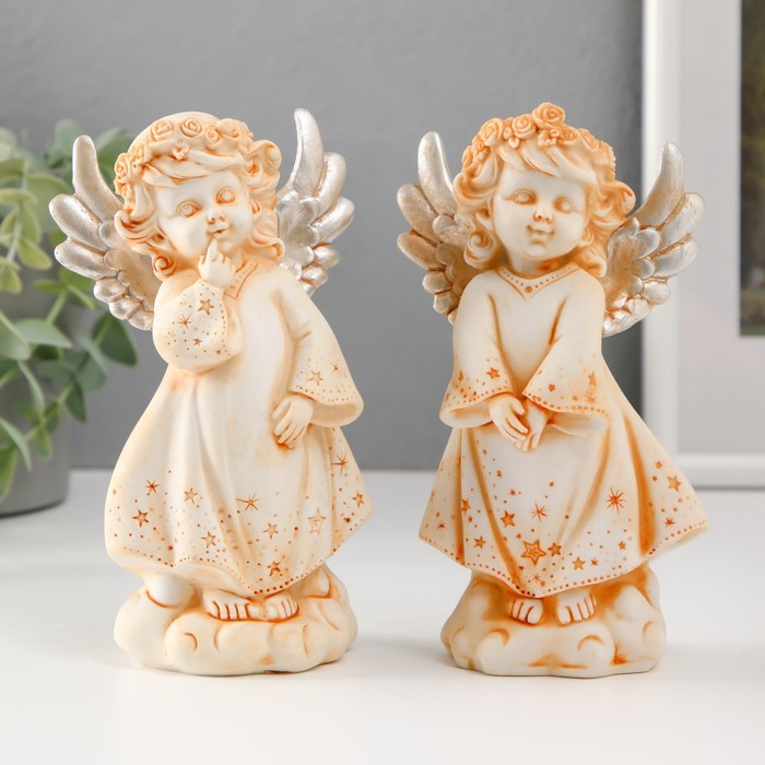 Сувенир полистоун Ангел в звёздном платье и венке с серебристыми крыльями МИКС 15,3 см
