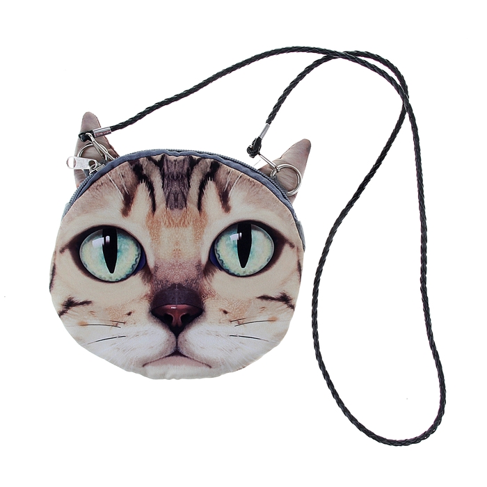 Мягкая сумочка на веревочке "Киса", с большими зелеными глазами