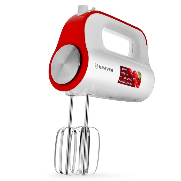 

Миксер BRAYER 1307BR, ручной, 600 Вт, 5 скоростей, бело-красный