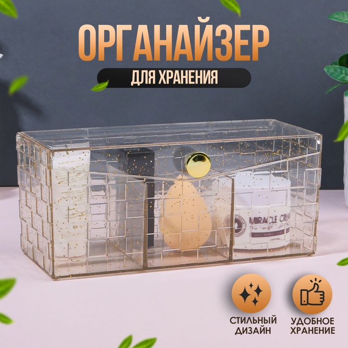 

Органайзер для хранения «SHINE», с крышкой, 3 секции, 21,5 × 8,8 × 9,5 см, цвет прозрачный/золотистый