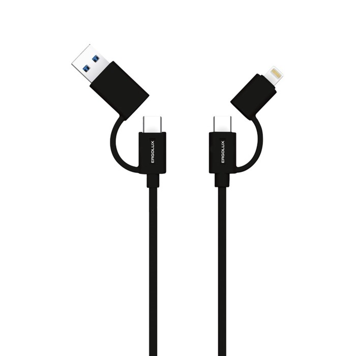 

Кабель 4 в 1 ERGOLUX ELX-CDC07-C02, USB - Type-C/ Type-C/ Lightning, 5А, 1.2м, черный