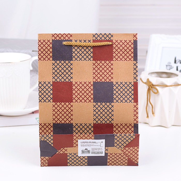 Пакет крафт "Клетка", 15 х 6 х 20 см