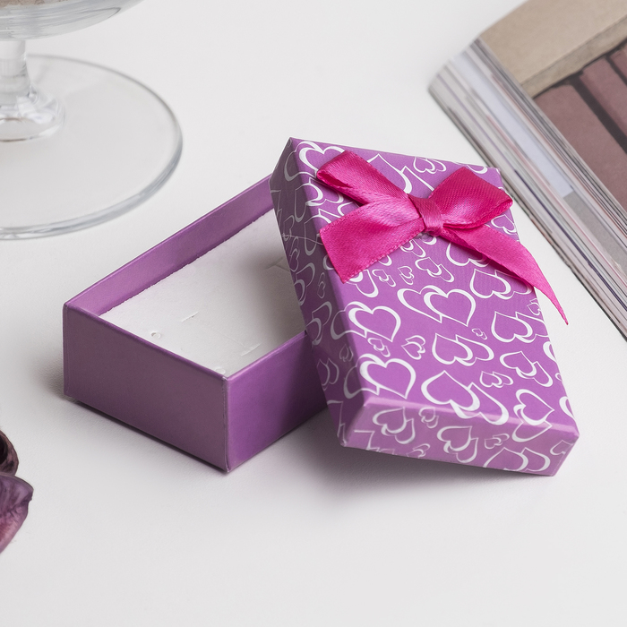 Коробочка подарочная под кулон/серьги/кольцо &quot;Блестящие сердца&quot; 8*5*2,5, цвет сиреневый