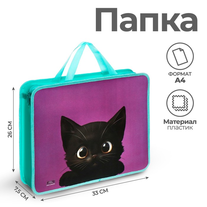 Папка с ручками А4 330 х 260 х 75 мм пластиковая ручки-тесьма Calligrata Котик черный 250₽