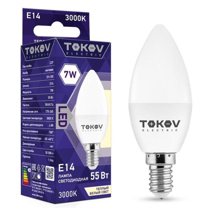 Лампа светодиодная TOKOV ELECTRIC, 7 Вт, С37, 3000 К, Е14, 176-264В лампа светодиодная tokov electric 7 вт с37 4000 к е14 176 264в
