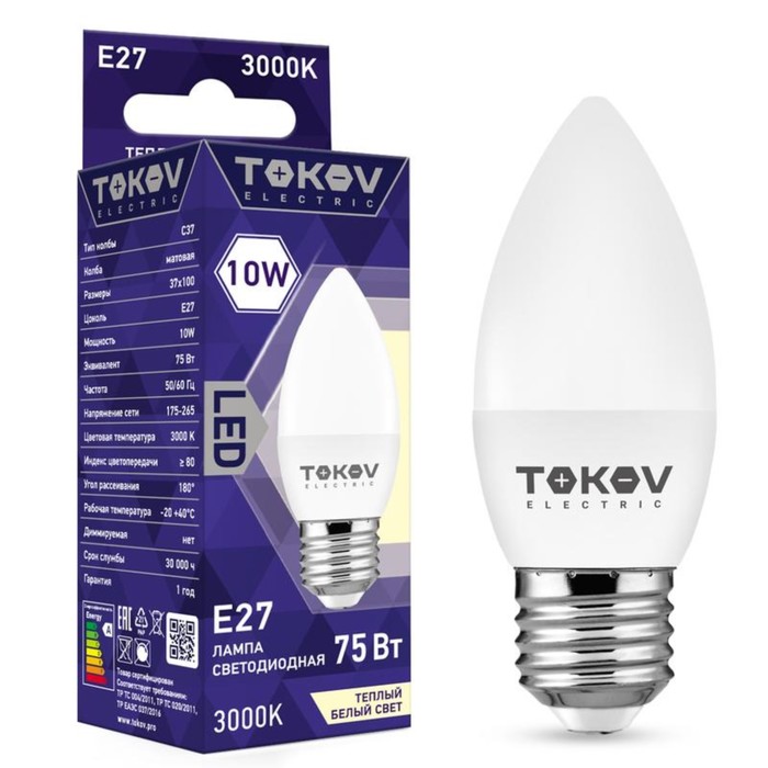 Лампа светодиодная TOKOV ELECTRIC 10 Вт С37 3000 К Е27 176-264В 98₽