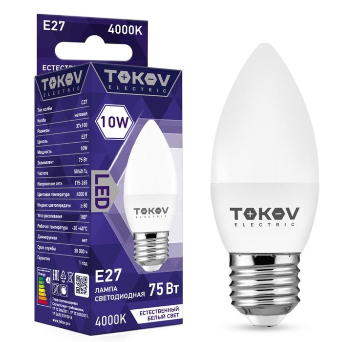 Лампа светодиодная TOKOV ELECTRIC, 10 Вт, С37, 4000 К, Е27, 176-264В лампа светодиодная tokov electric 7 вт с37 4000 к е14 176 264в