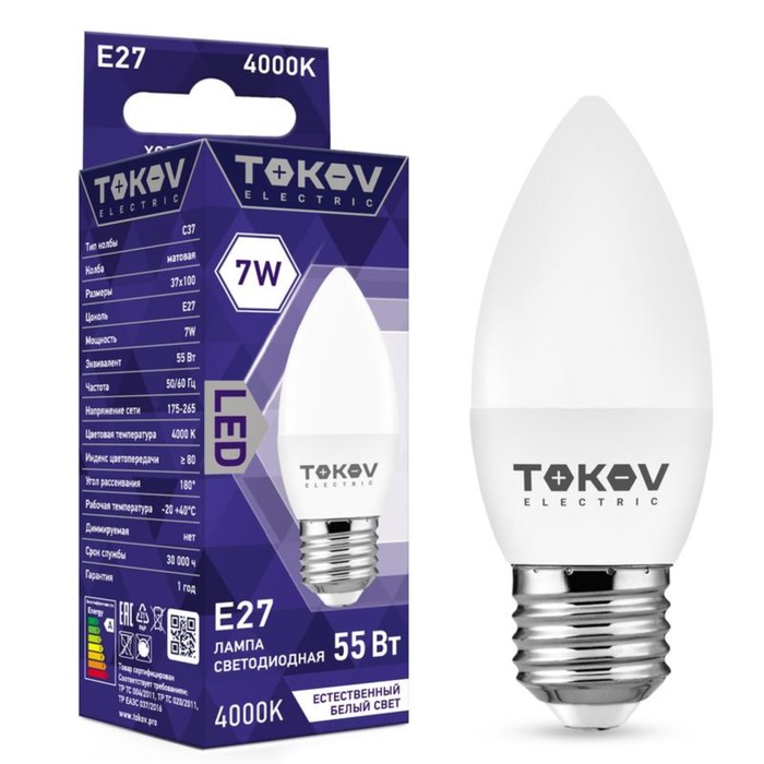 Лампа светодиодная TOKOV ELECTRIC, 7 Вт, С37, 4000 К, Е27, 176-264В