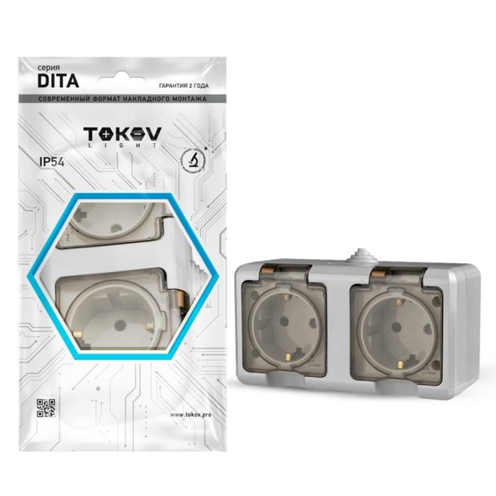 

Розетка TOKOV ELECTRIC, Dita, 2-м, 16А, IP54, 250В, с з/к, с прозр. кр, серый, TKL-DT-R2Z-C06T-IP54