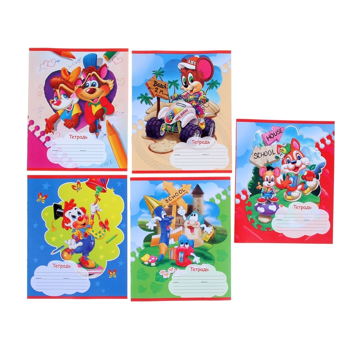 Тетрадь 12 листов линейка "Мультяшки", картонная обложка, тиснение, 5 видов МИКС