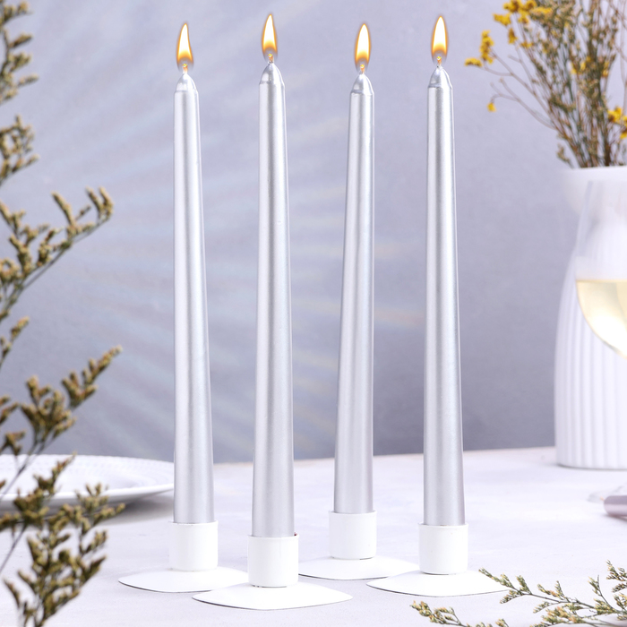 Набор свечей античных, 2,3х 25 см, 4 шт, лакированная, серебряный металлик набор античных свечей 25 см 2 шт белый