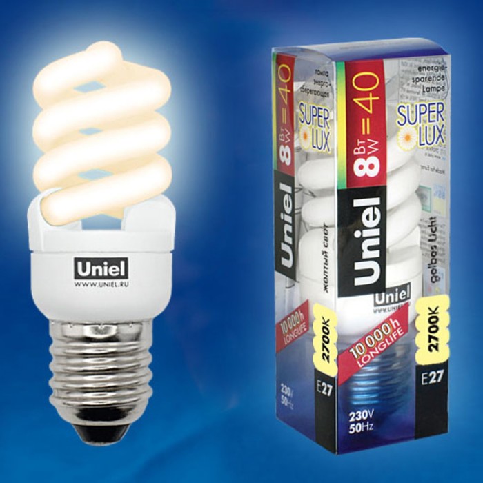 

Лампа люминесцентная Uniel, E27, 2700К, свечение тёплое белое