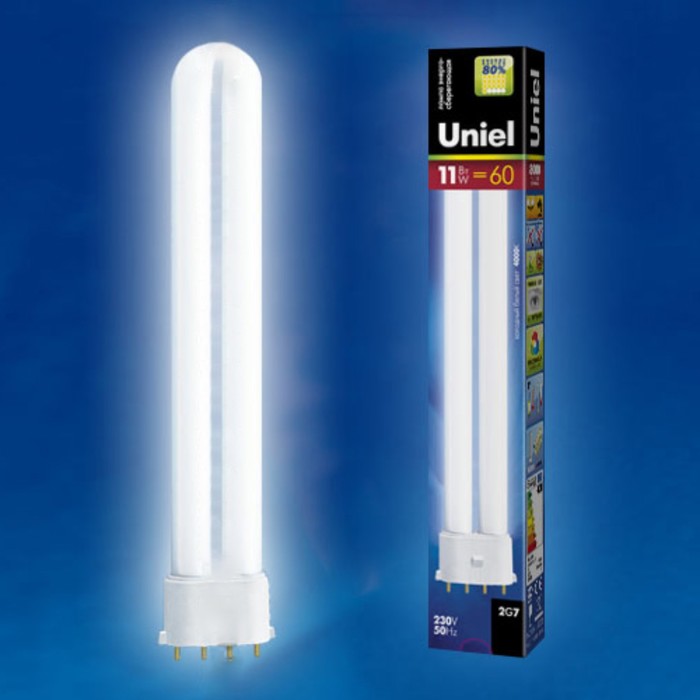 лампа люминесцентная uniel g23 9 вт 4000к свечение белое Лампа люминесцентная Uniel, 2G7, 11 Вт, 4000К, свечение белое