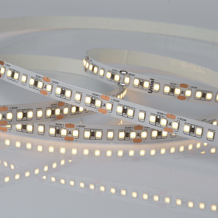 

Светодиодная лента на самоклеящейся основе Uniel, IP20, 5 м, 168 LED/м, 14 Вт/м, 24 В, 3000К, свечение тёплое белое