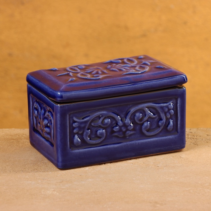 Шкатулка Риштанская керамика Акташ синяя, 12х7см солонка риштанская керамика синяя роспись