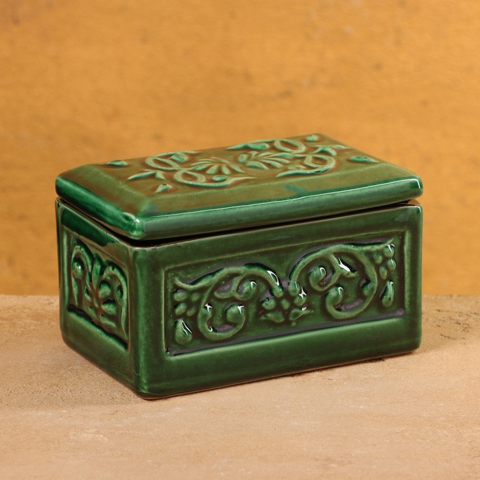Шкатулка Риштанская керамика Акташ зеленая, 12х7см