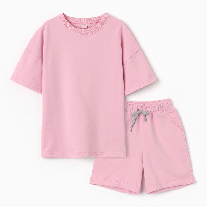 Костюм детский для девочки (футболка,шорты), цвет розовый, рост 122