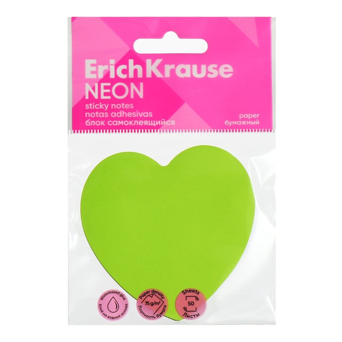 Блок с липким краем бумажный 70x70мм ErichKrause Heart Neon 50 листов зеленый 58₽