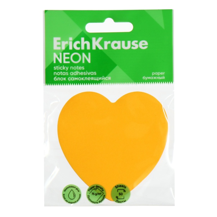 Блок с липким краем бумажный 70x70мм ErichKrause Heart Neon 50 листов оранжевый 58₽