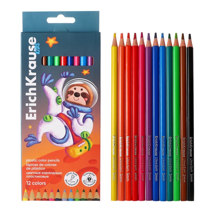 Карандаши 12 цветов ErichKrause Kids Space Animals трехгранные пластиковые с европодвесом 175₽