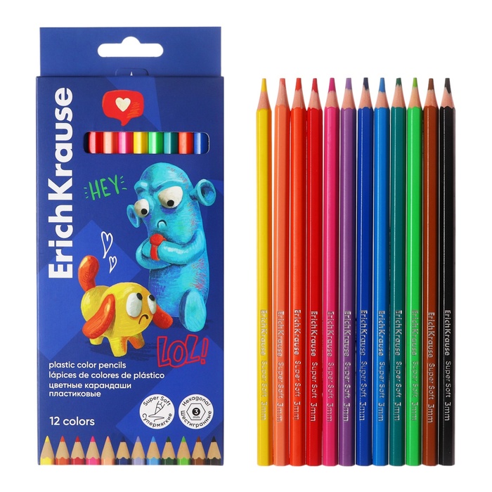Карандаши 12 цветов ErichKrause Jolly Friends шестигранные пластиковые с европодвесом 149₽