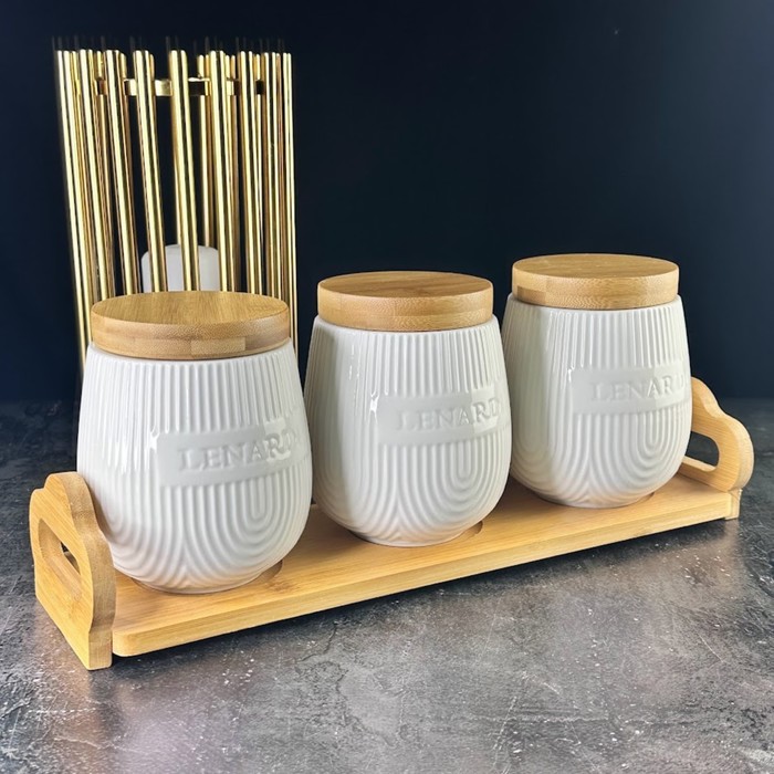 Набор банок Lenardi Bamboo, на подставке, 3 шт набор из 3 банок 190 мл lenardi bamboo с ложками на подставке фарфор бамбук