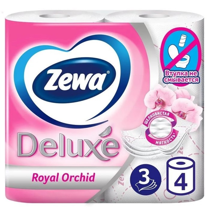 Бумага туалетная Zewa Deluxe «Орхидея», трёхслойная, 4 рулона туалетная бумага zewa deluxe орхидея розовая трёхслойная 4 рул белый